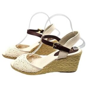 Chaps Damara Womens 7.5B Cream Crochet Lace Espadrille Wedge Sandals Brown Strap